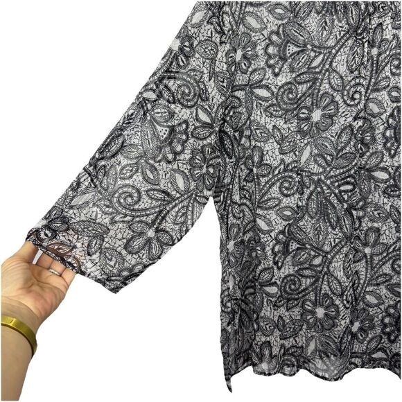 Coldwater Creek Floral Button Up Shirt 2x Chiffon Topper Black Roll Tab Sleeves - Picture 5 of 9